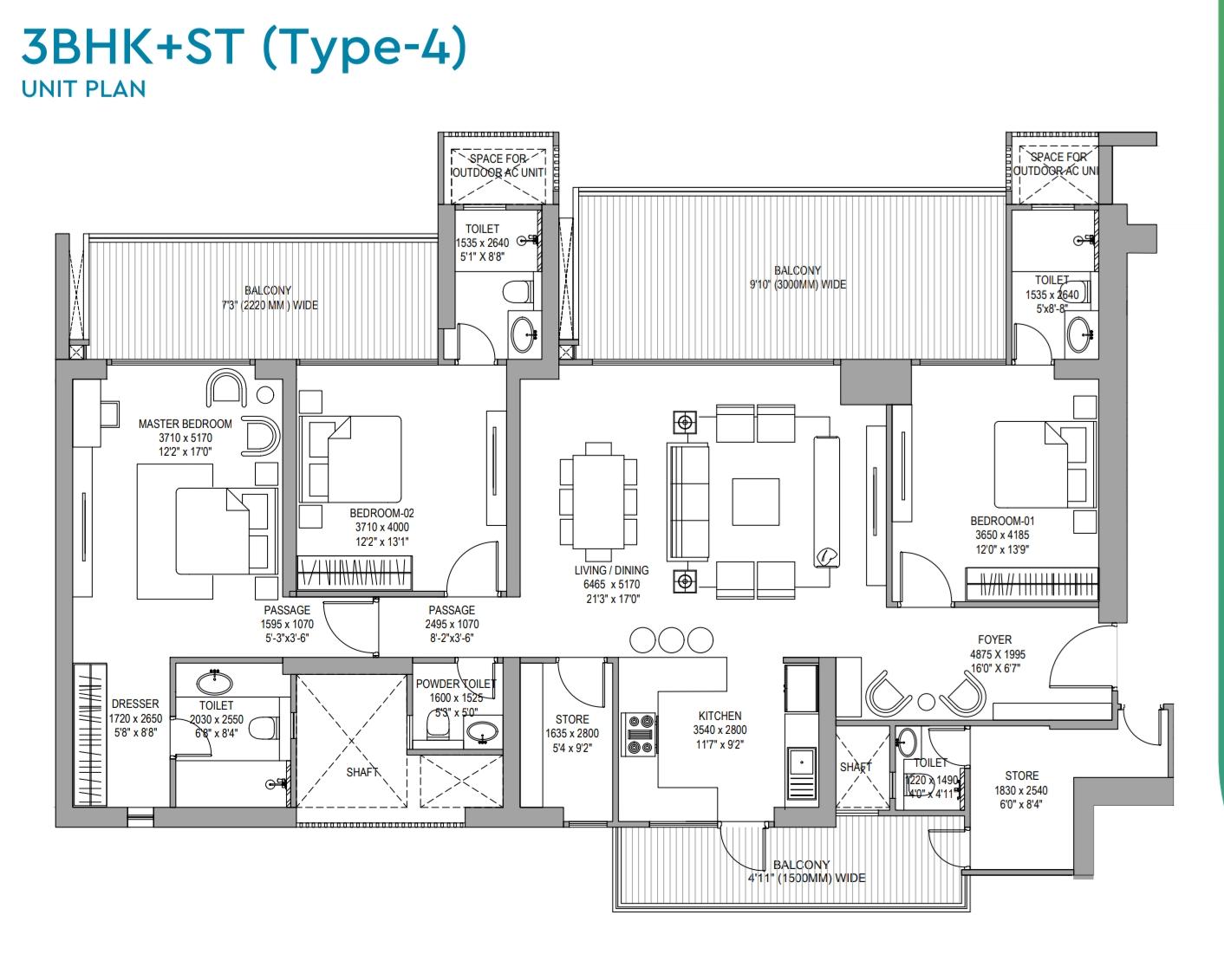 3 BHK + ST Type-4 Floor Plan