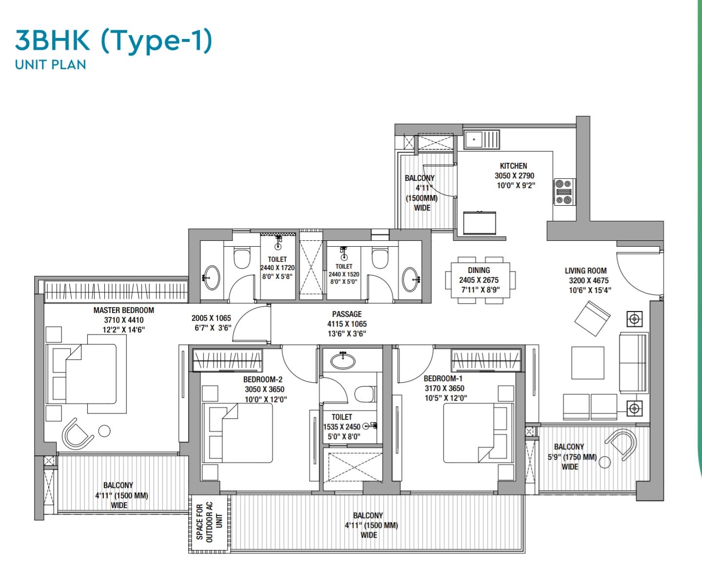3 BHK Type-1 Floor Plan